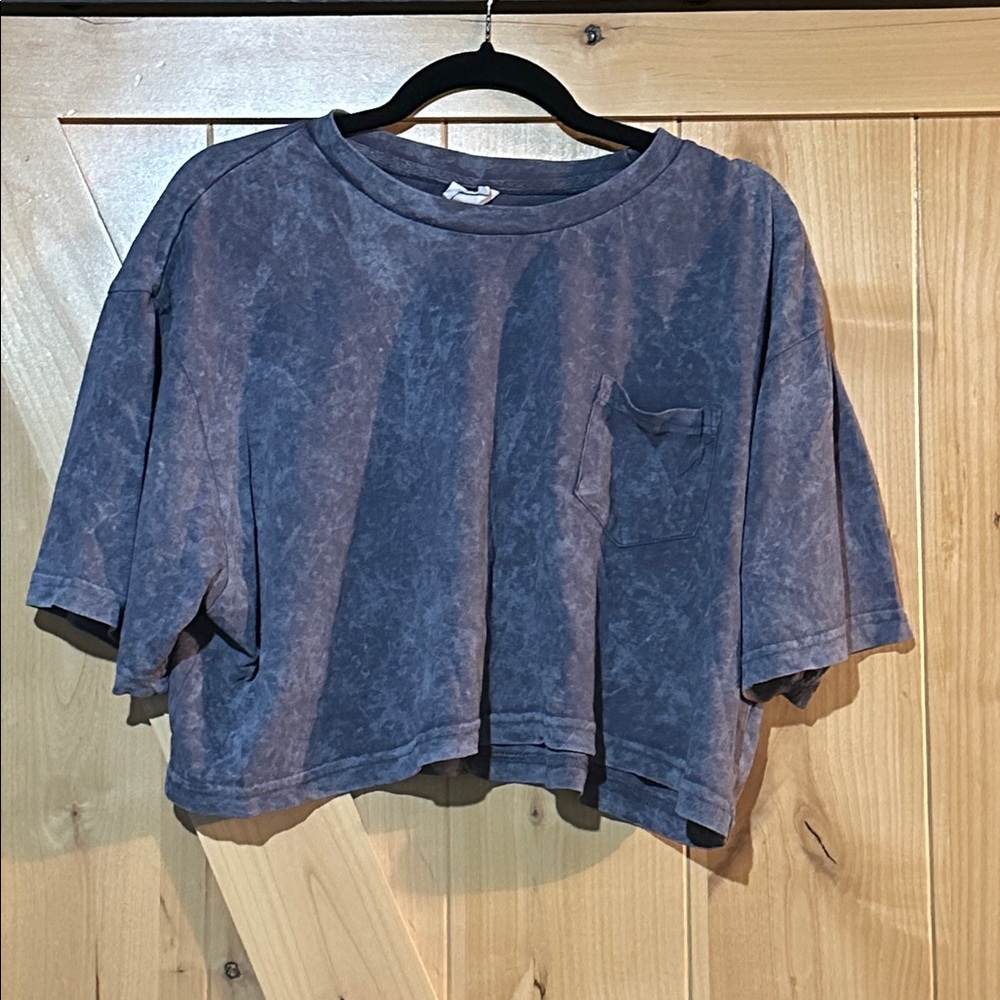 Washed Blue Cropped Tee with Pocket